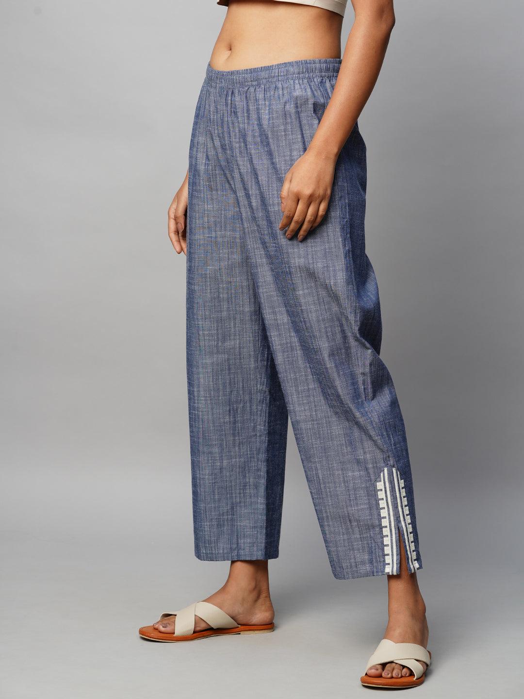 Crosshatch Cotton Chambray Pull On Pants With Embroidered Side Slits