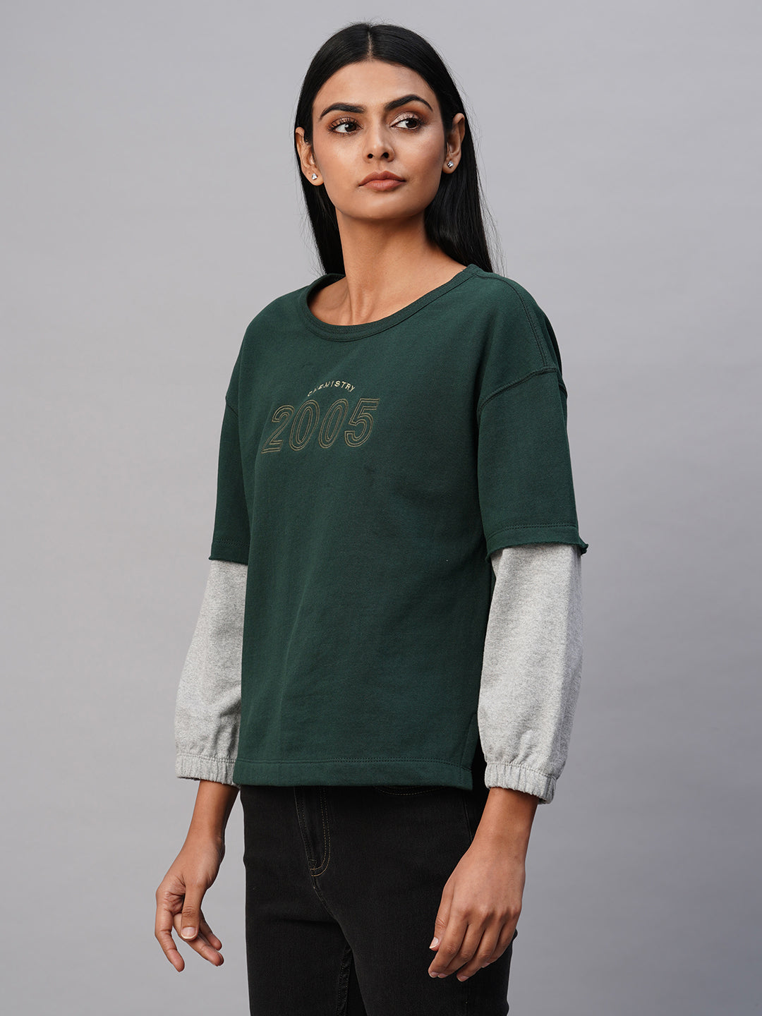 FRENCH TERRY EMBROIDERED SWEATSHIRT W/ FAUX DOUBLER DETAIL SLEEVES