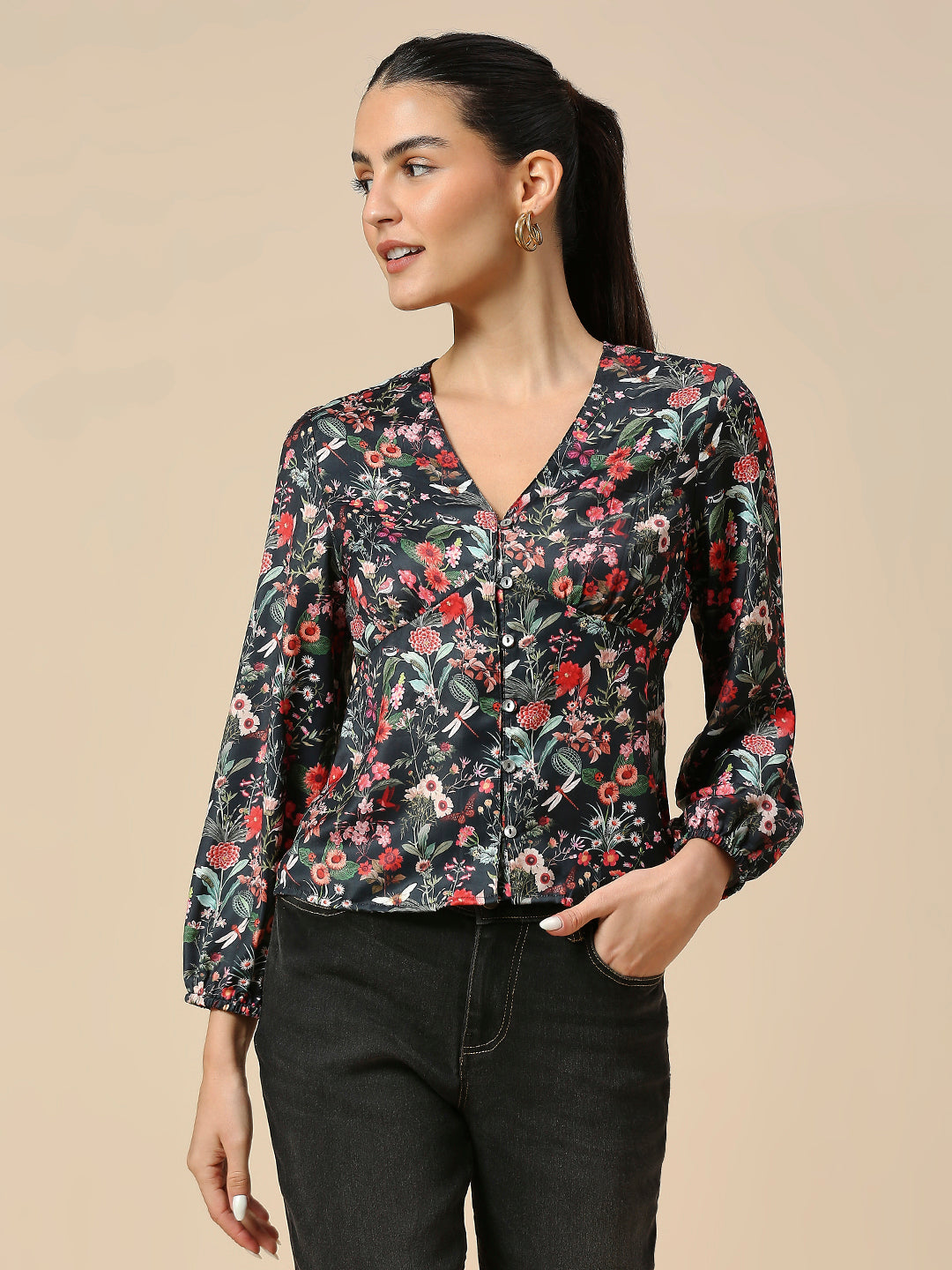 FLORAL PRINTED SATIN EMPIRE LINE TOP