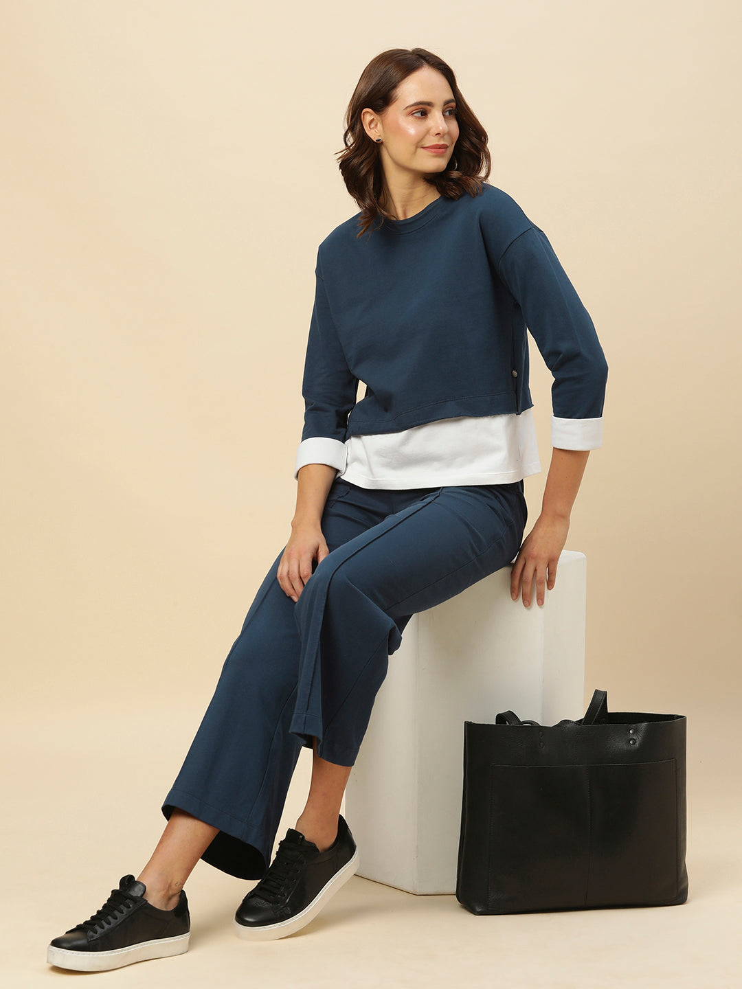 French Terry Faux Layered Drop Shoulder Sweatshirt & Wide Leg Co-Ord Set