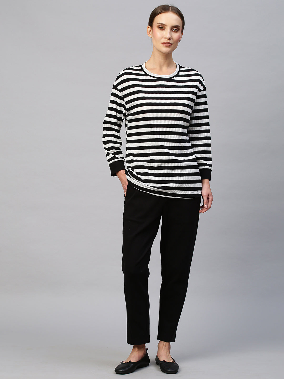 "Airport Look" Ribbed Drop Shoulder Stripe Tee With Tapered Lounge Pants