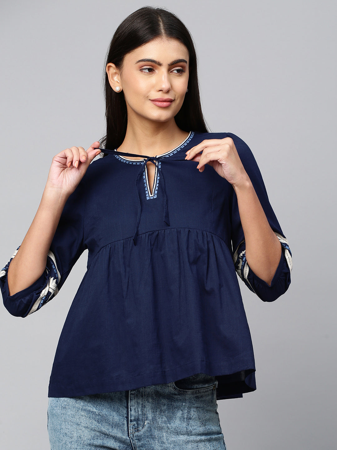 Embroidered Textured Cross Hatch Cotton Top