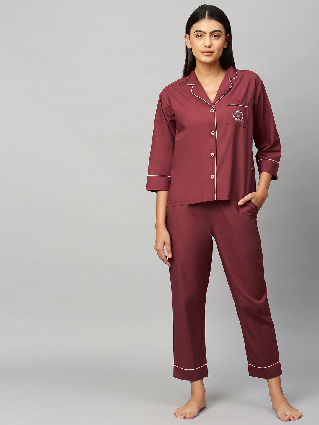 Contrast Piping Solid Poplin Night Suit