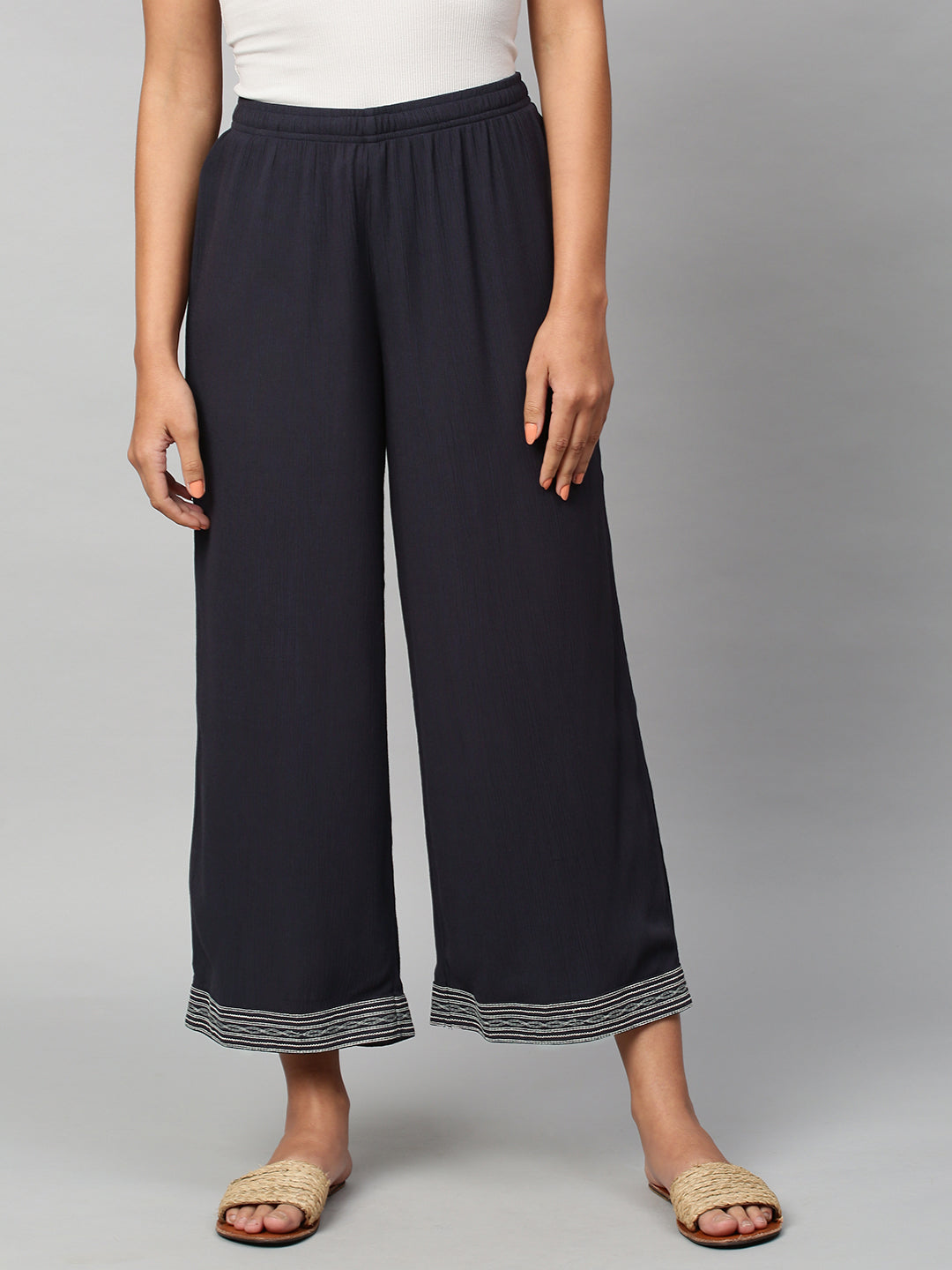 Crinkle Rayon Wide Leg Embroidered Trouser