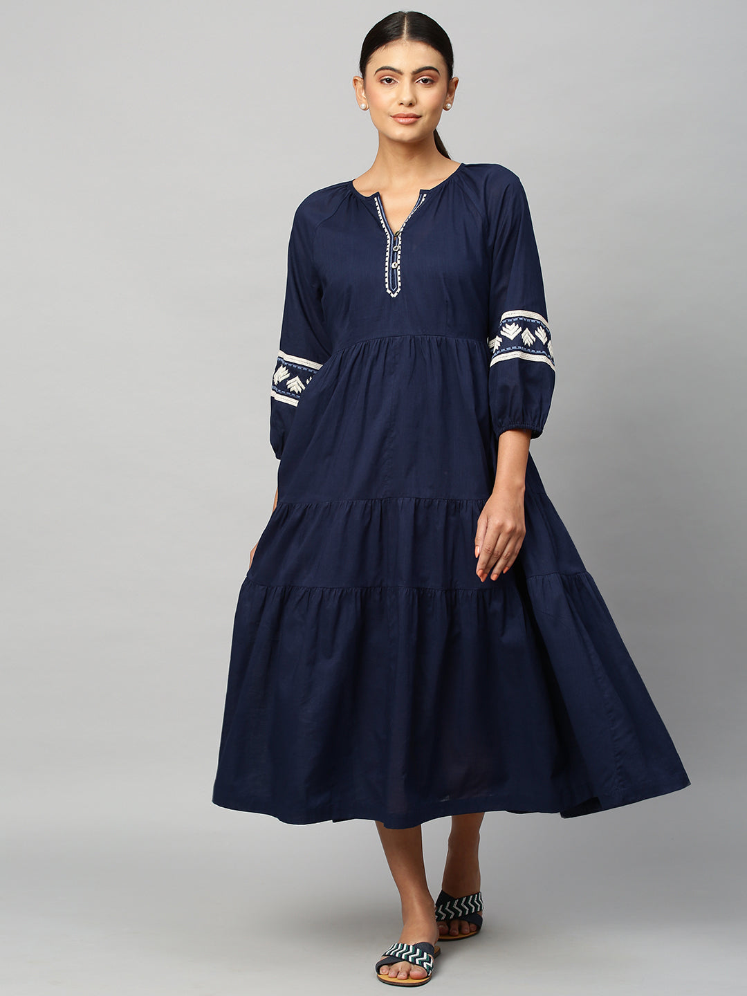 Embroidered Textured Cotton Tiered Dress