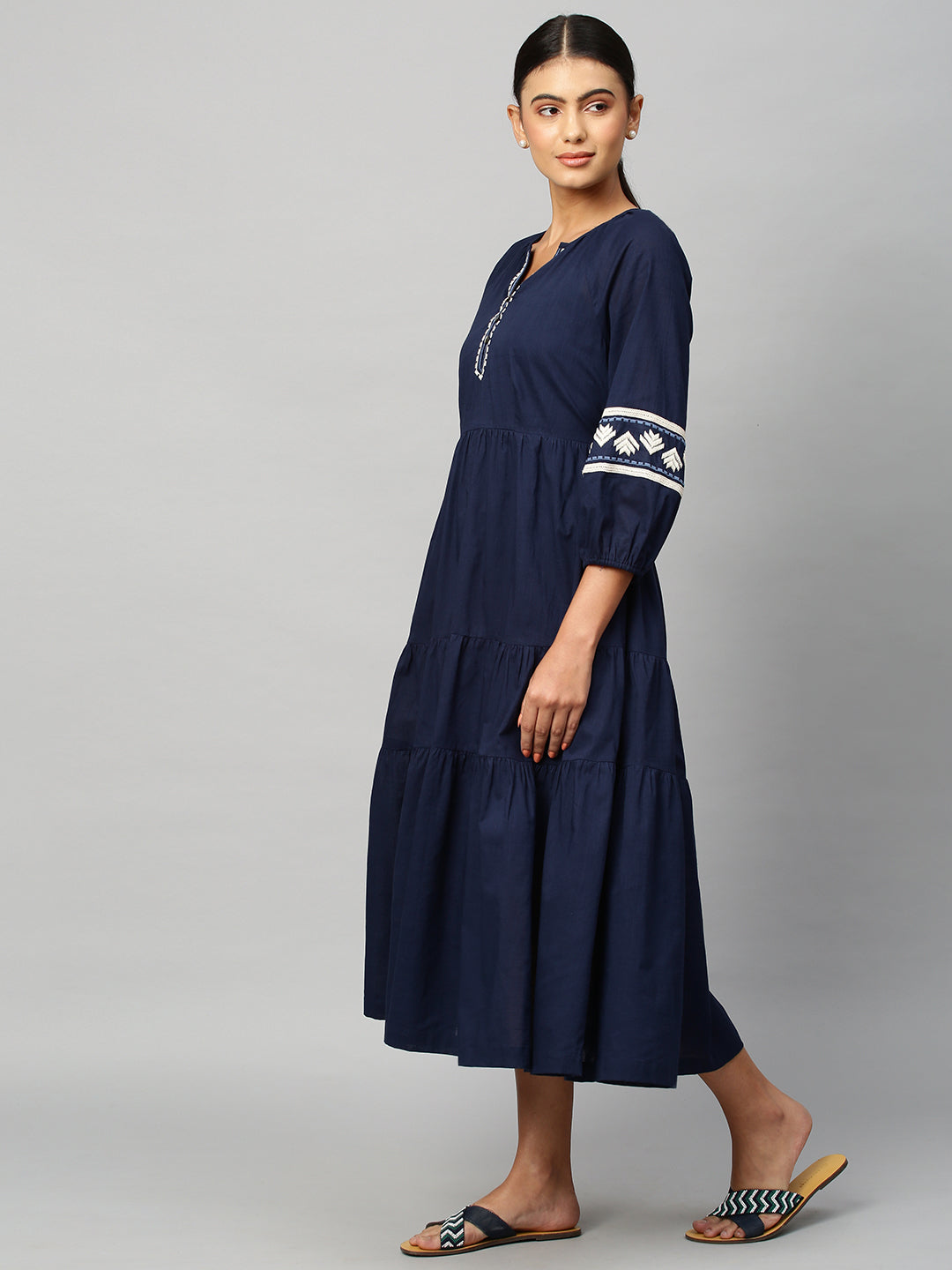 Embroidered Textured Cotton Tiered Dress