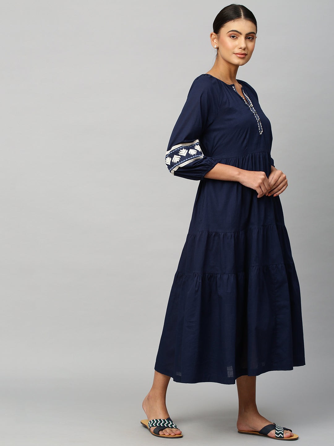 Embroidered Textured Cotton Tiered Dress