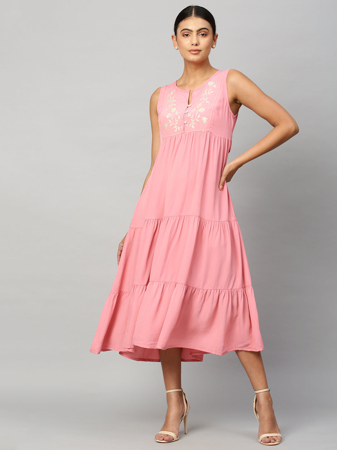 Embroidered Viscose Crepe Tiered Dress