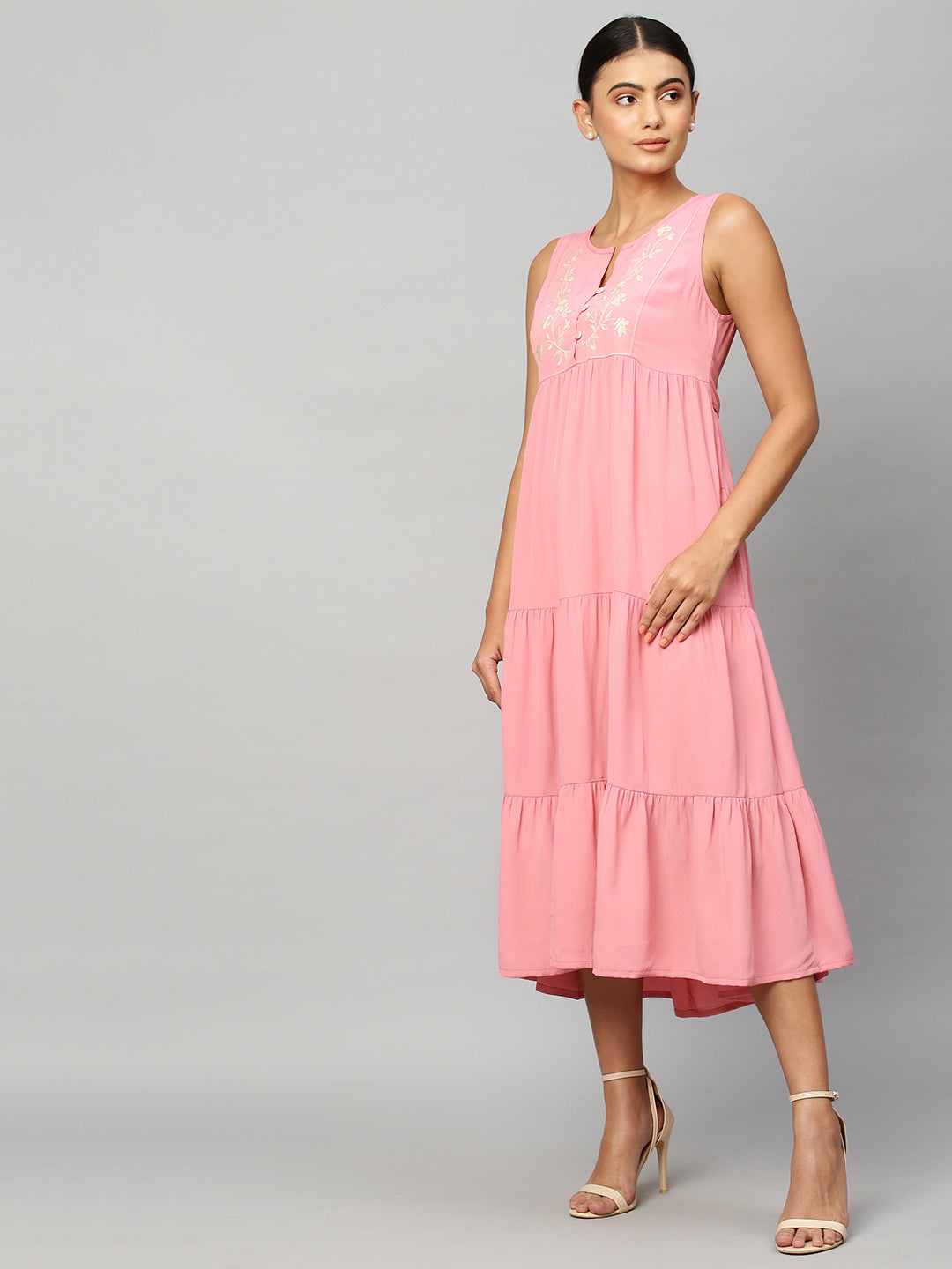 Embroidered Viscose Crepe Tiered Dress