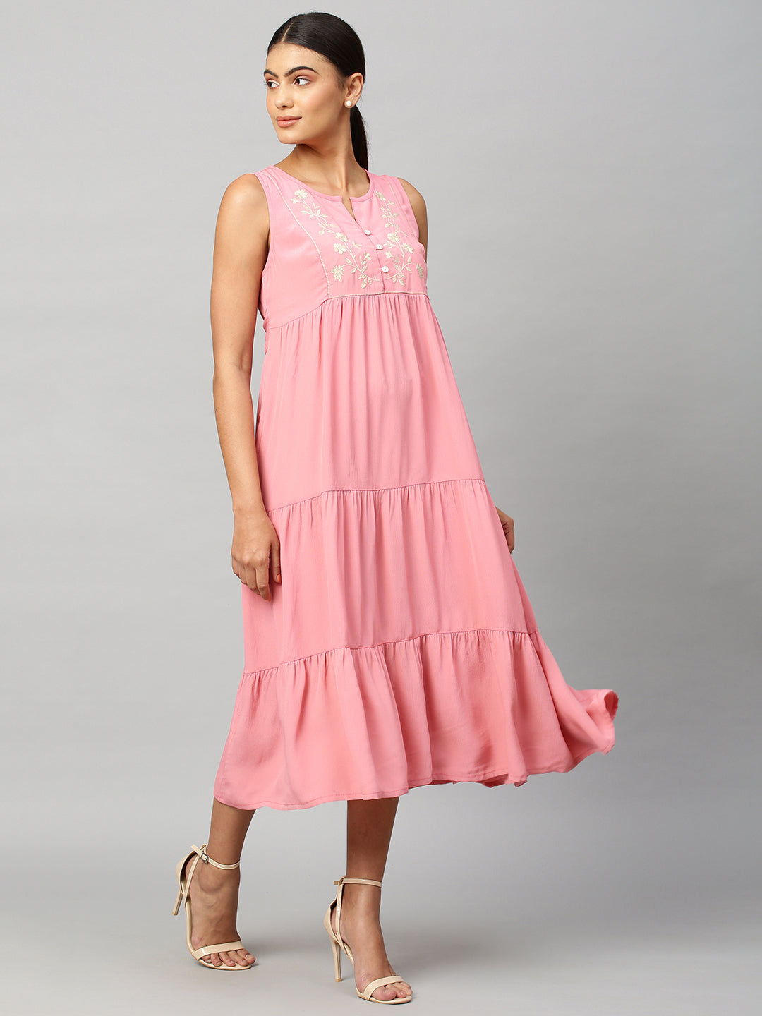 Embroidered Viscose Crepe Tiered Dress