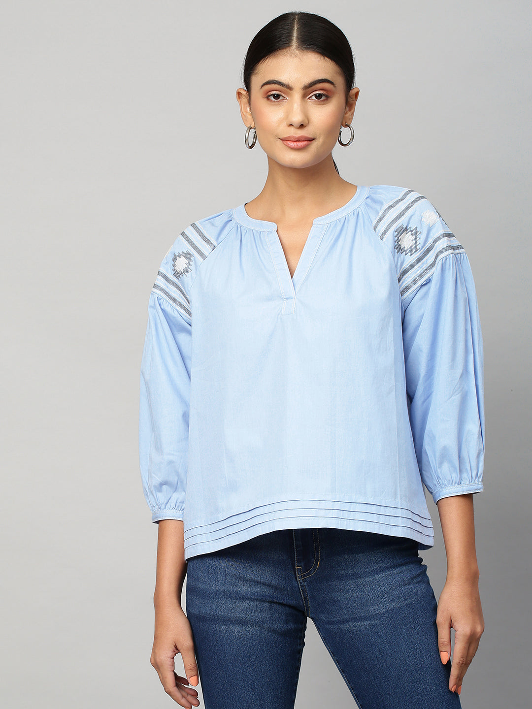 Cotton Poplin Embroidered Tunic Top