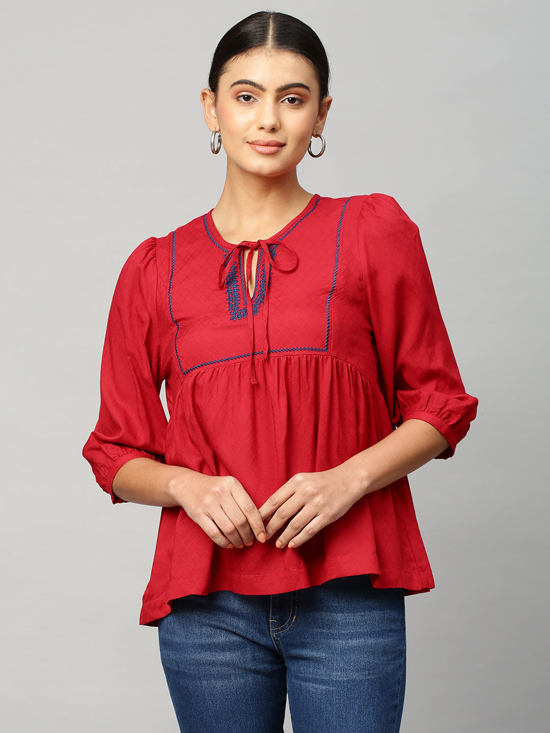 Embroidered Viscose Dobby Top