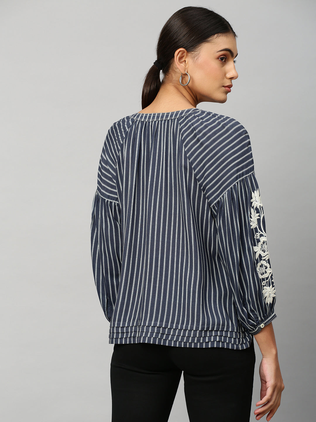 Striped Raglan Sleeve Embroidered Tunic Top