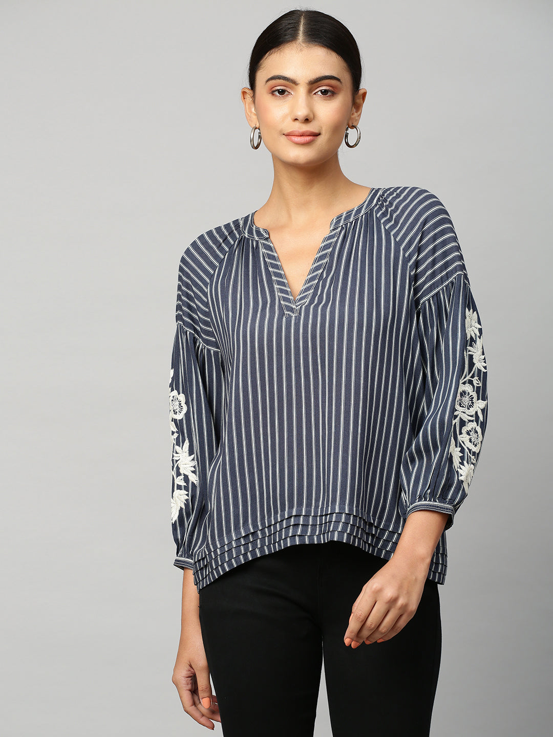 Striped Raglan Sleeve Embroidered Tunic Top