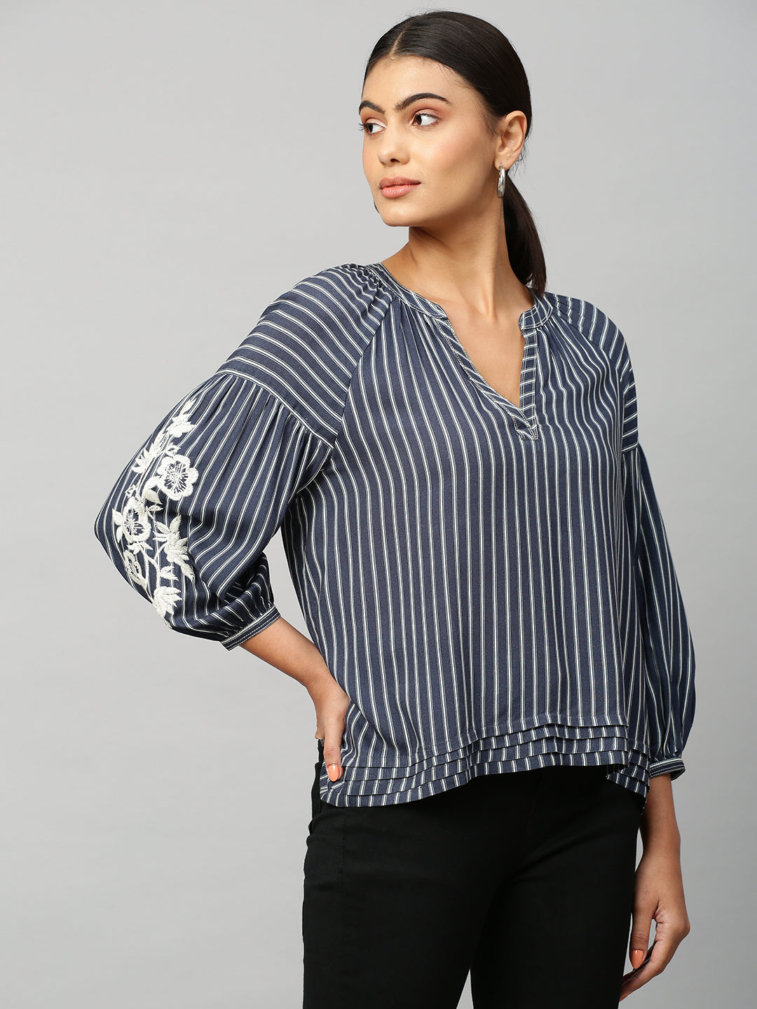 Striped Raglan Sleeve Embroidered Tunic Top