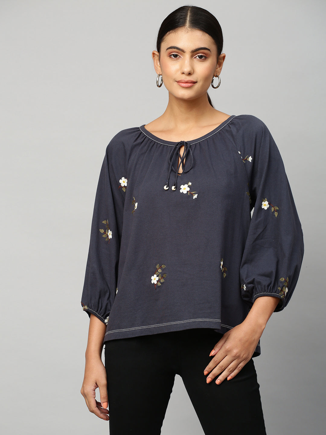 Embroidered Cotton Jersey Raglan Sleeve Top