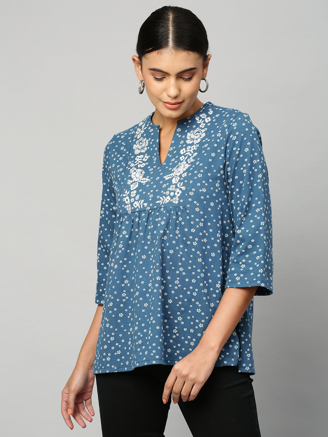 Embroidered Printed Jersey Tunic Top