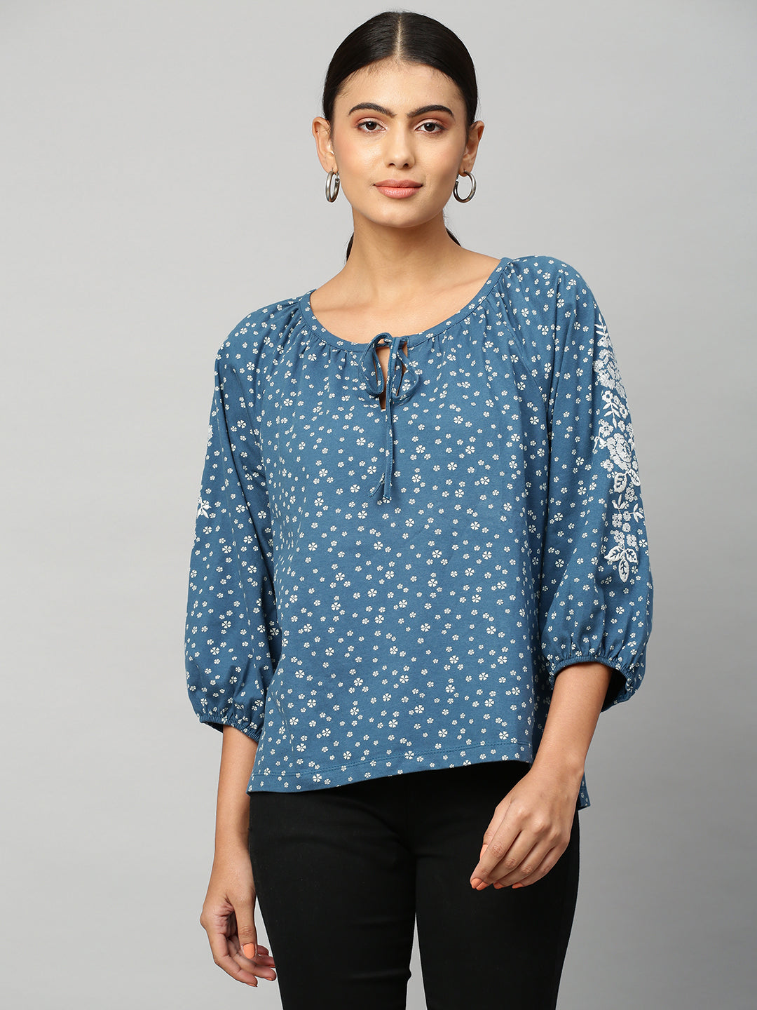 Embroidered Printed Jersey Top