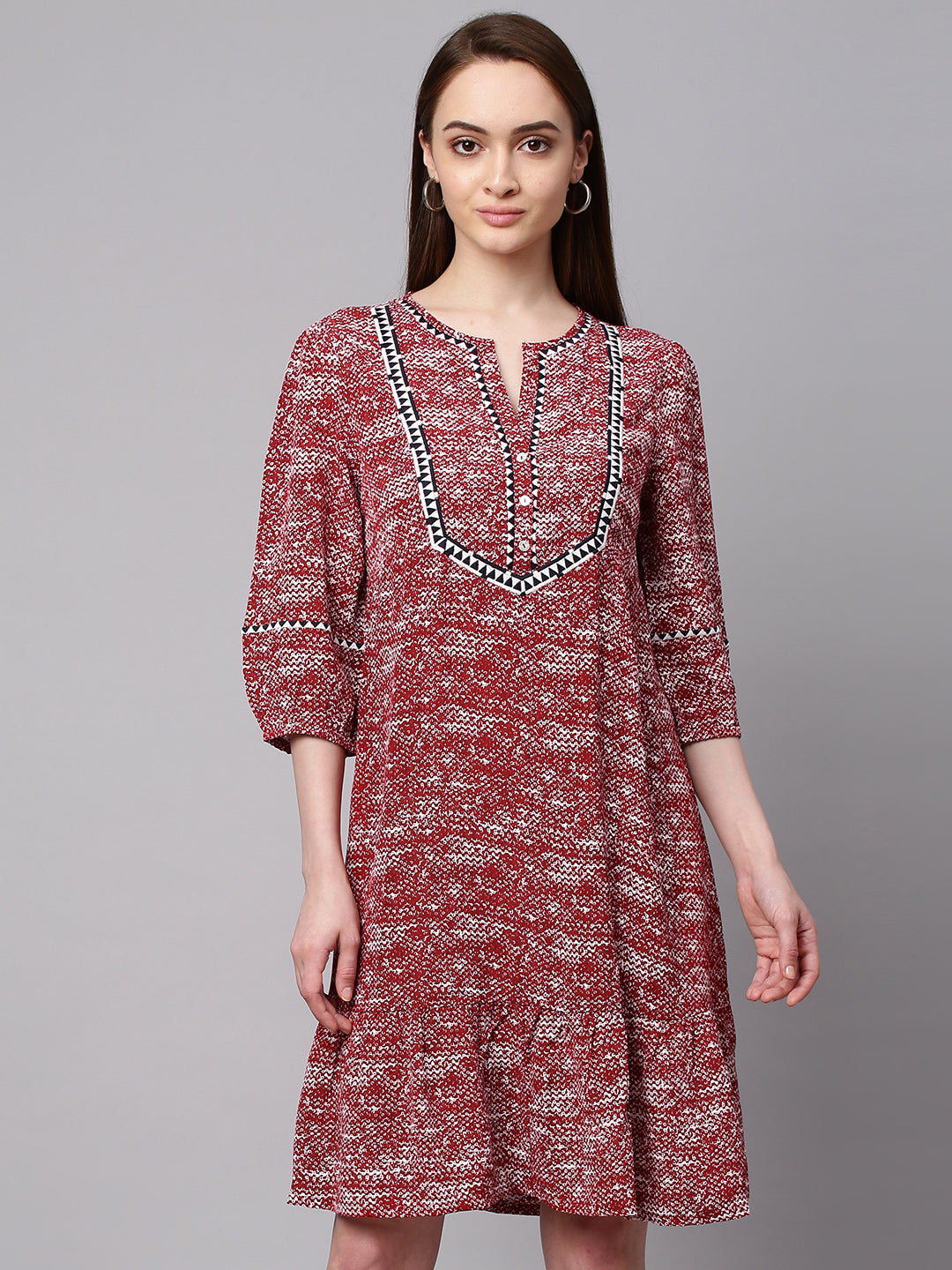 Red Embroidered Viscose Crepe Dress