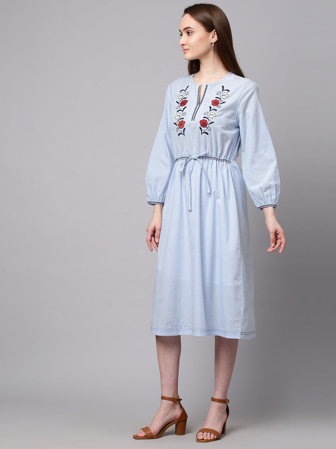 Blue Embroidered Chambray Waisted Dress