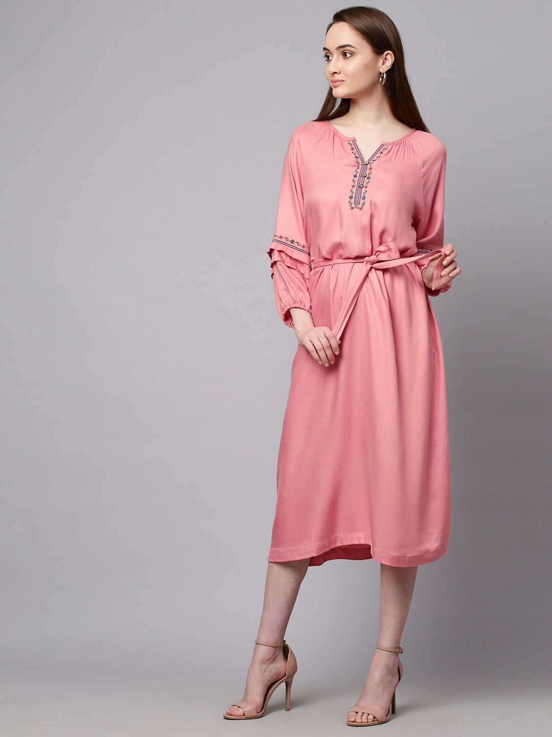 Rose Embroidered Rayon Twill Belted Dress