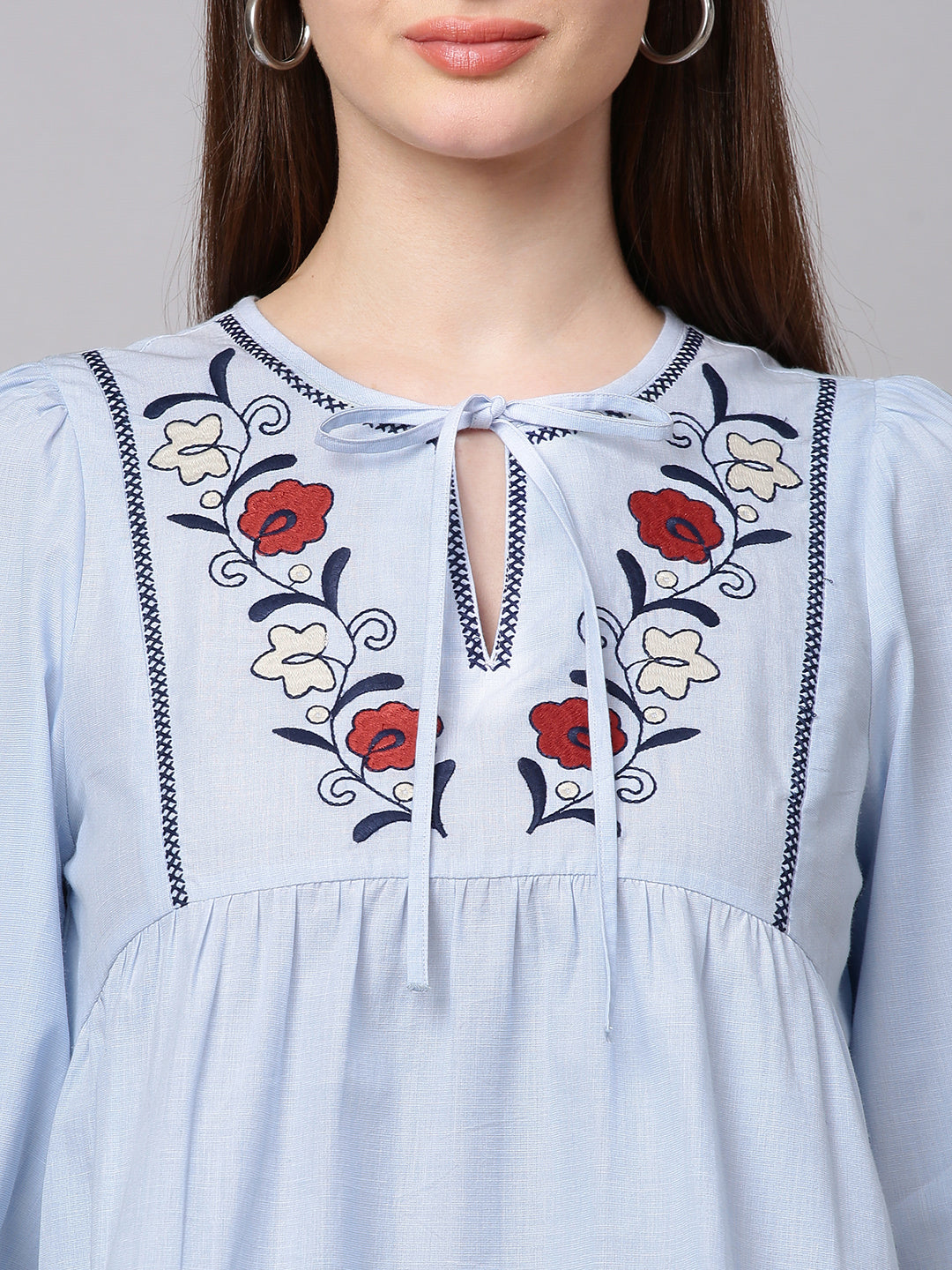 Blue Embroidered Chambray Top