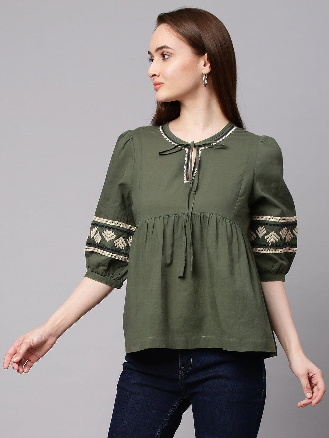 Olive Embroidered Cotton Top