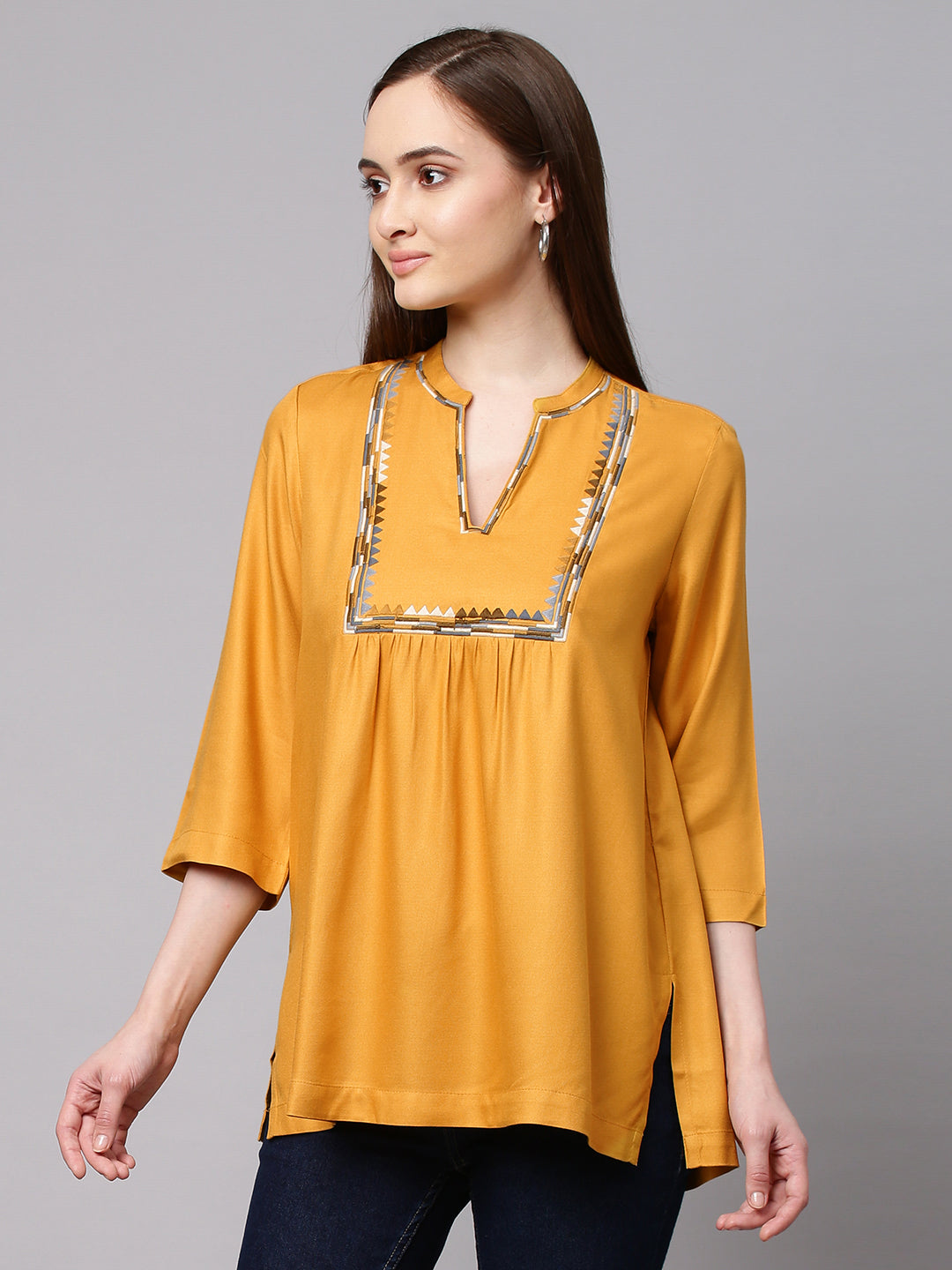 Mustard Embroidered Rayon Twill Top