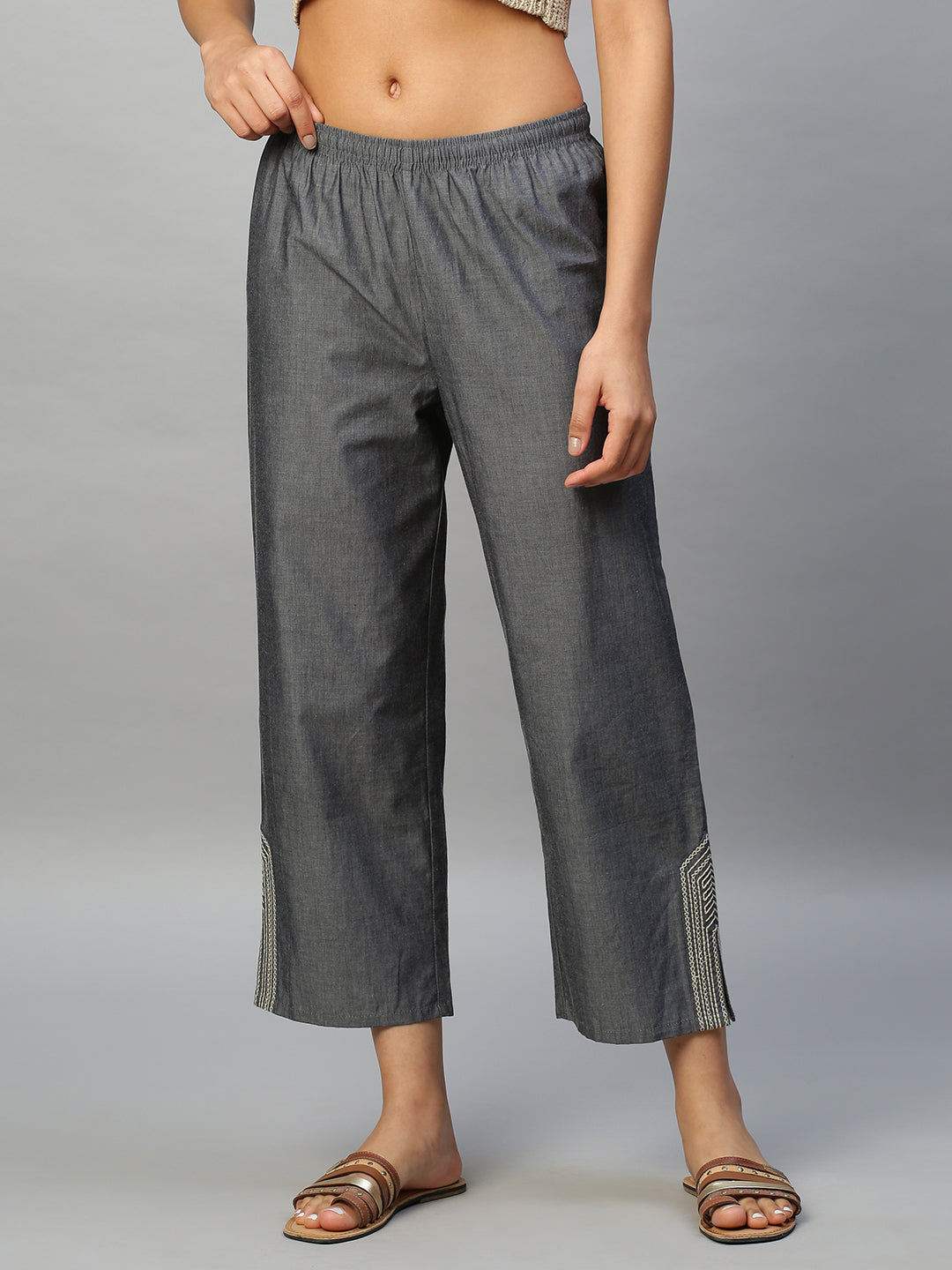 Embroidered Charcoal Chambray Pull On Trousers