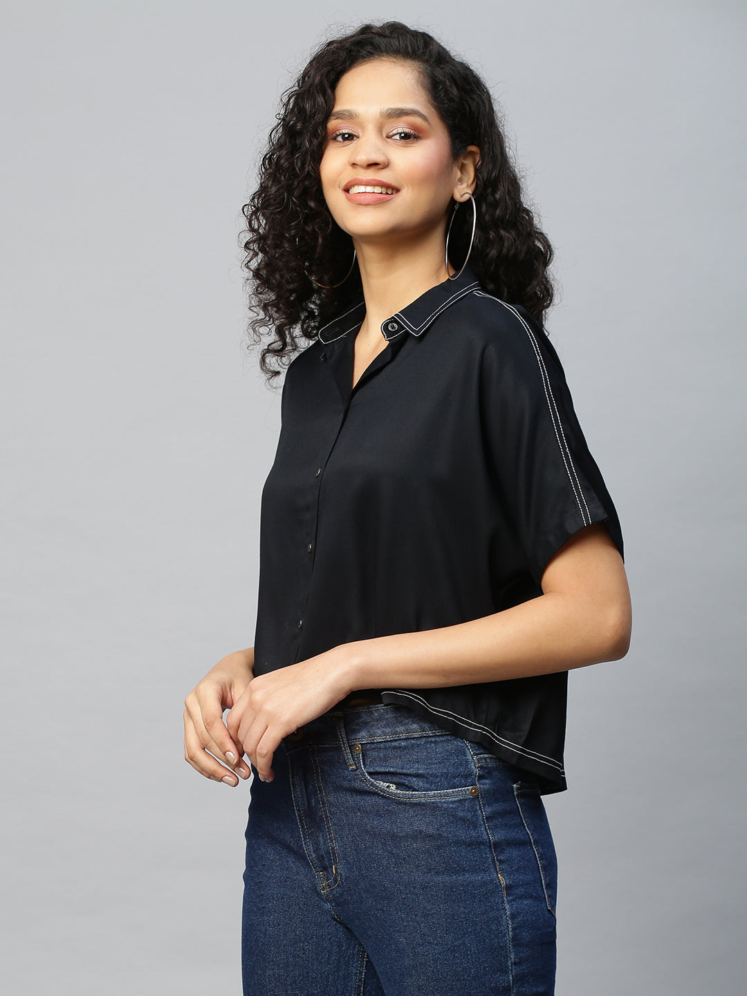 Rayon Twill Oversized Cropped Shirt