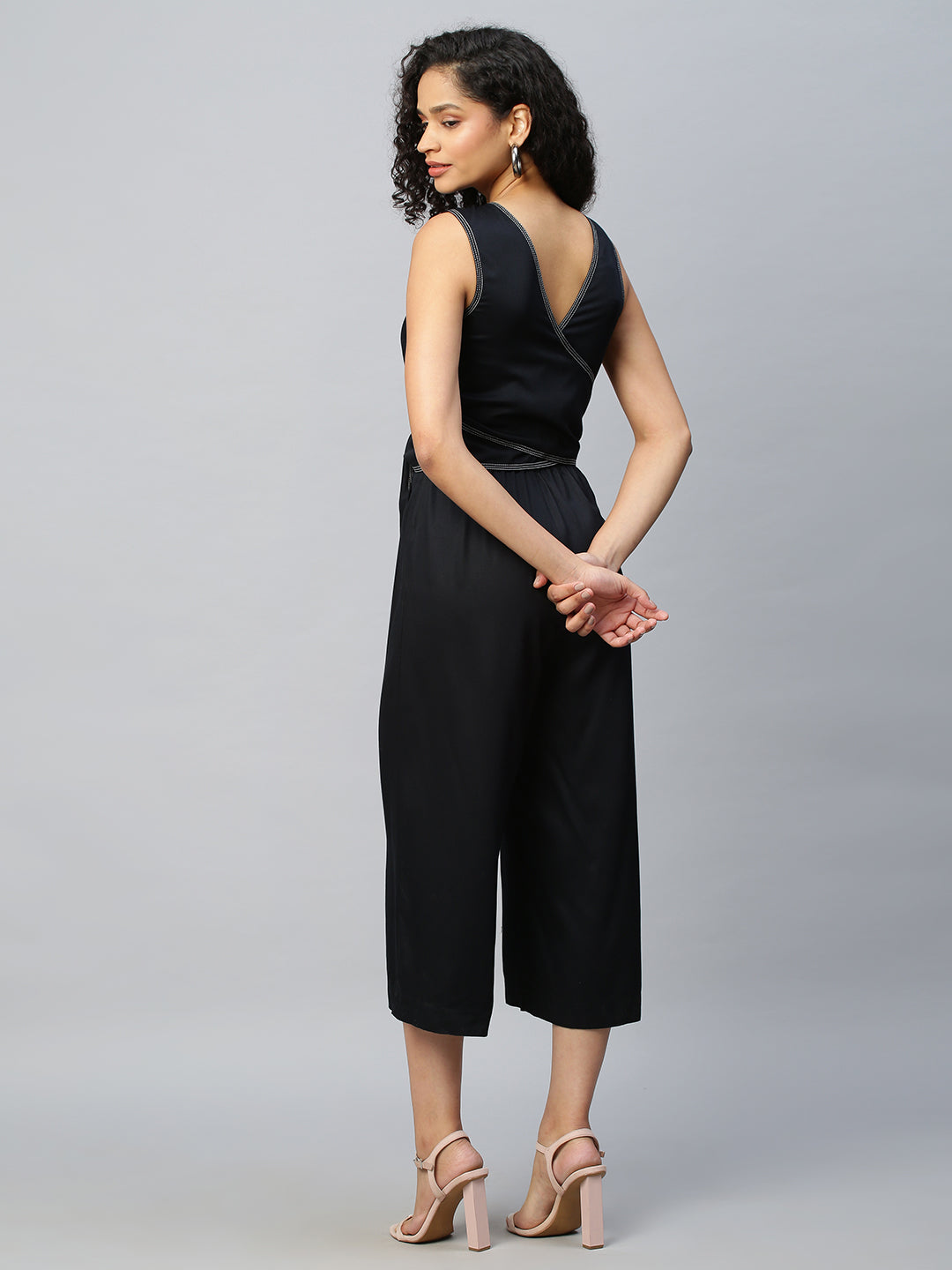 Rayon Twill Overlapped Back Cropped Leg Jumpsuit