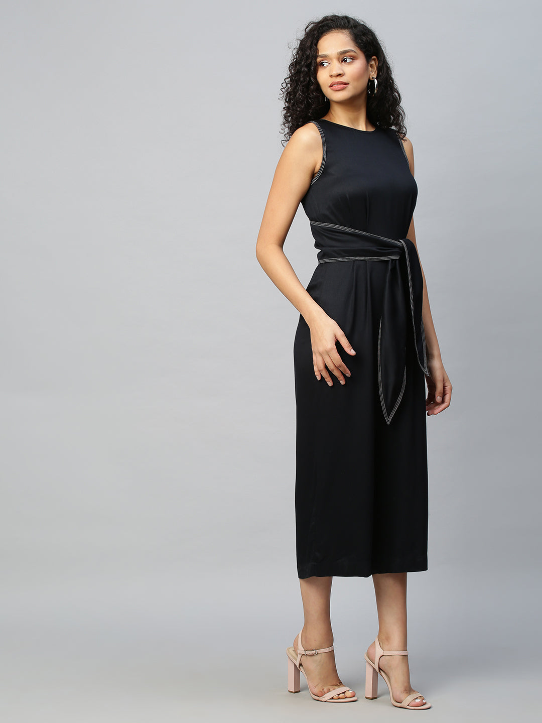 Rayon Twill Overlapped Back Cropped Leg Jumpsuit