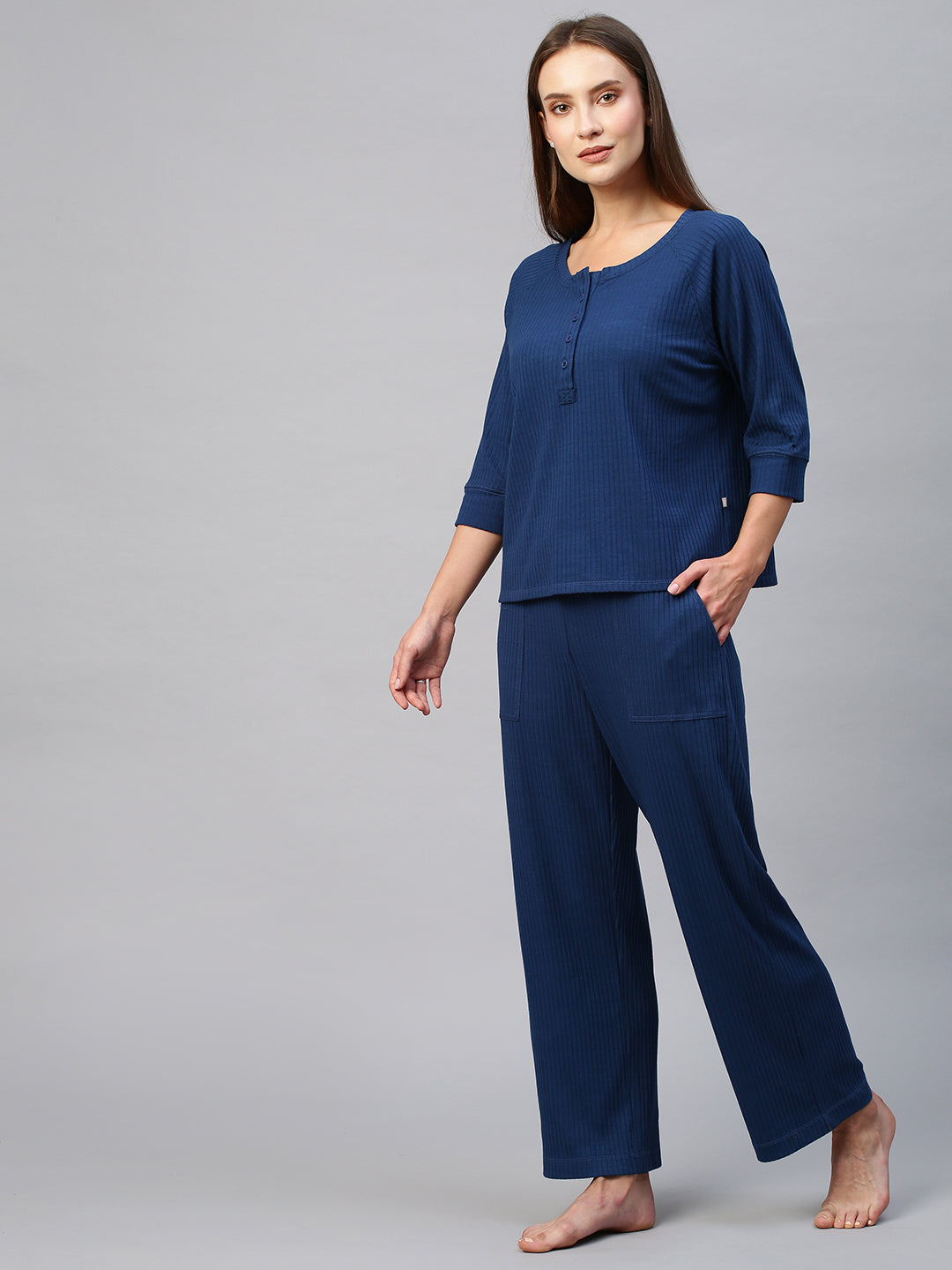 Ribbed Knit Lounge Set With Raglan Henley Tee And Straight Fit Pj's