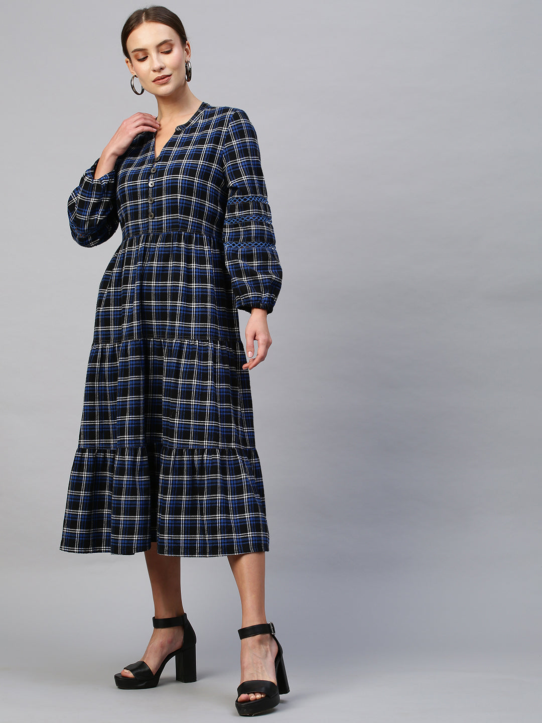 Brushed Flannel Lace Insert Plaid Tiered Dress