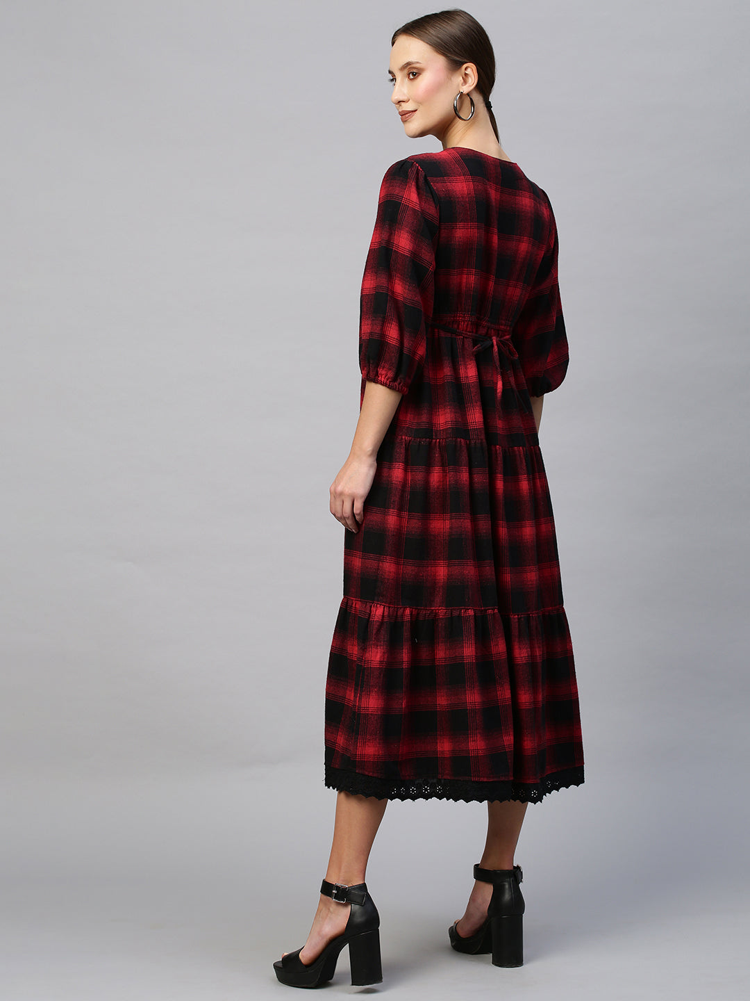 Brushed Flannel, Lace Detailed Yoke Tiered Plaid Dress