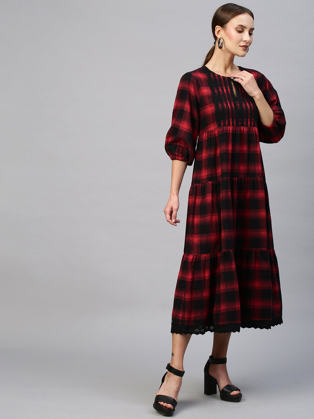 Brushed Flannel, Lace Detailed Yoke Tiered Plaid Dress