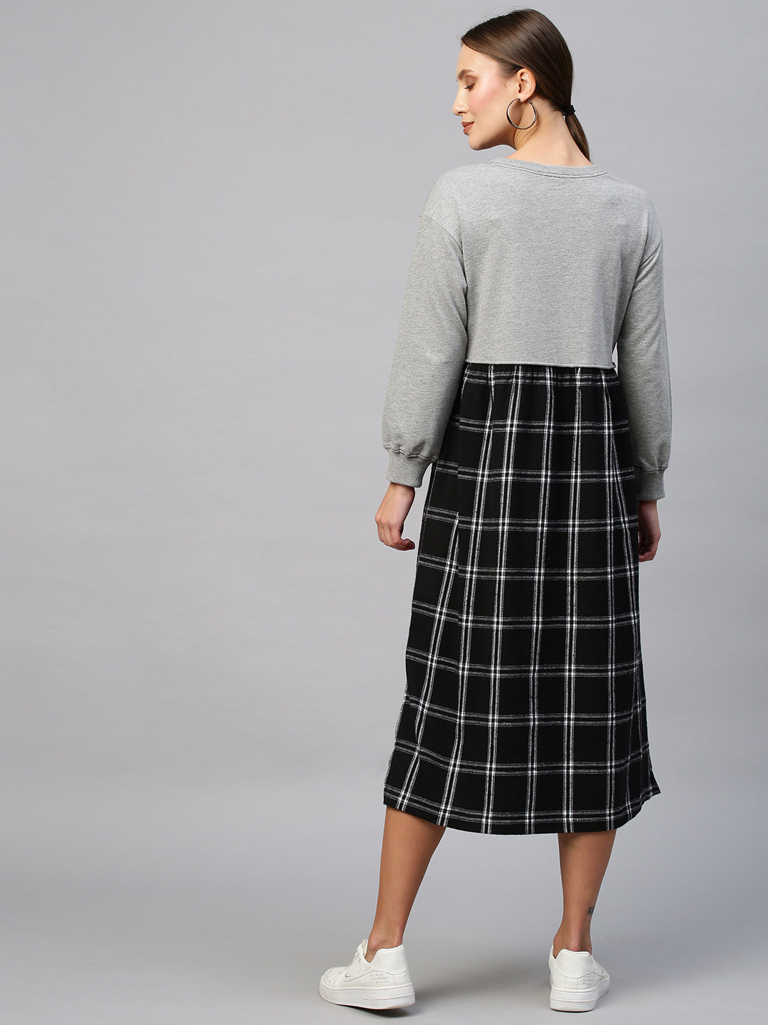 Grey Melange French Terry & Plaid Brushed Flannel Sweatshirt Dress