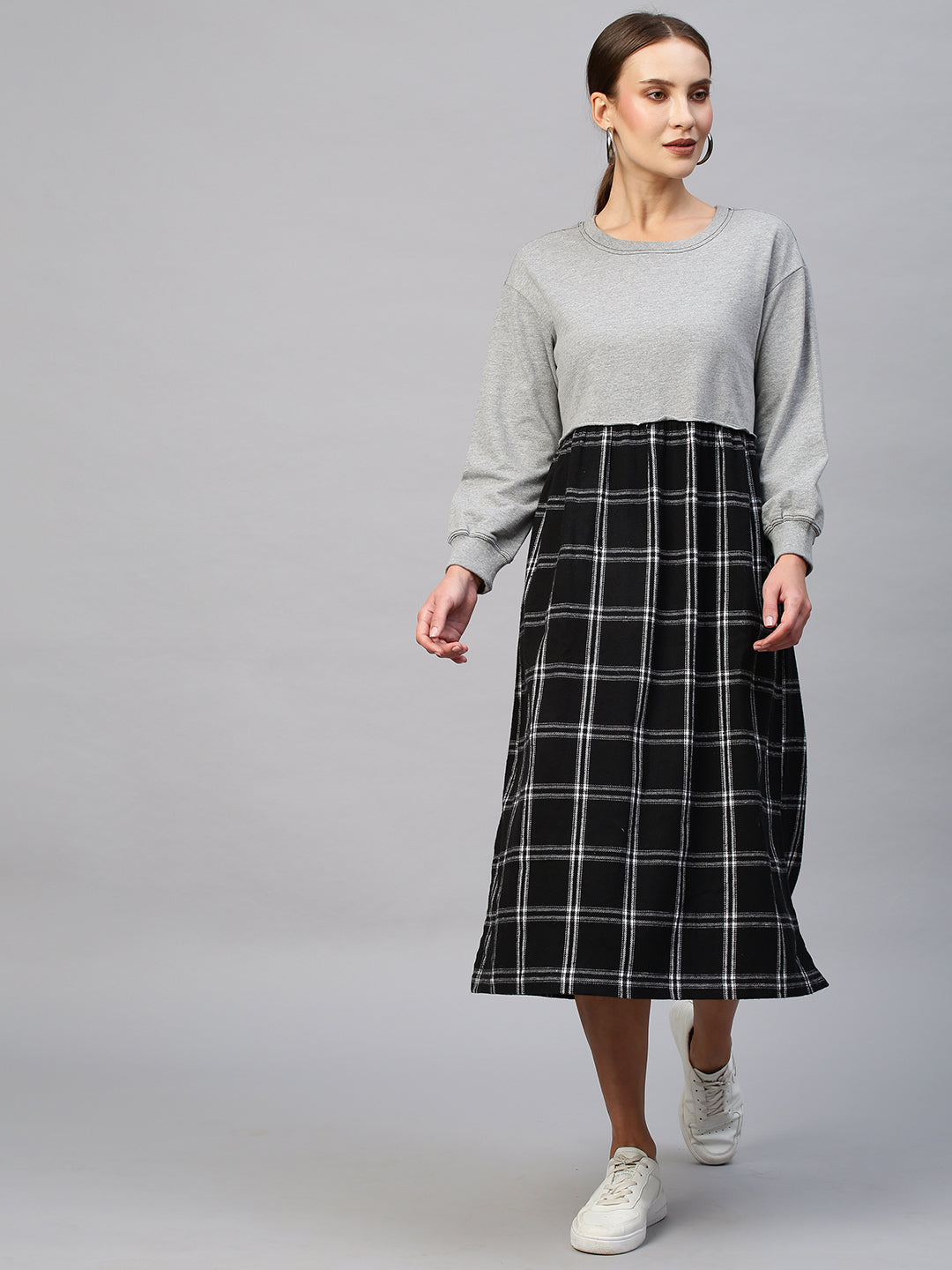 Grey Melange French Terry & Plaid Brushed Flannel Sweatshirt Dress