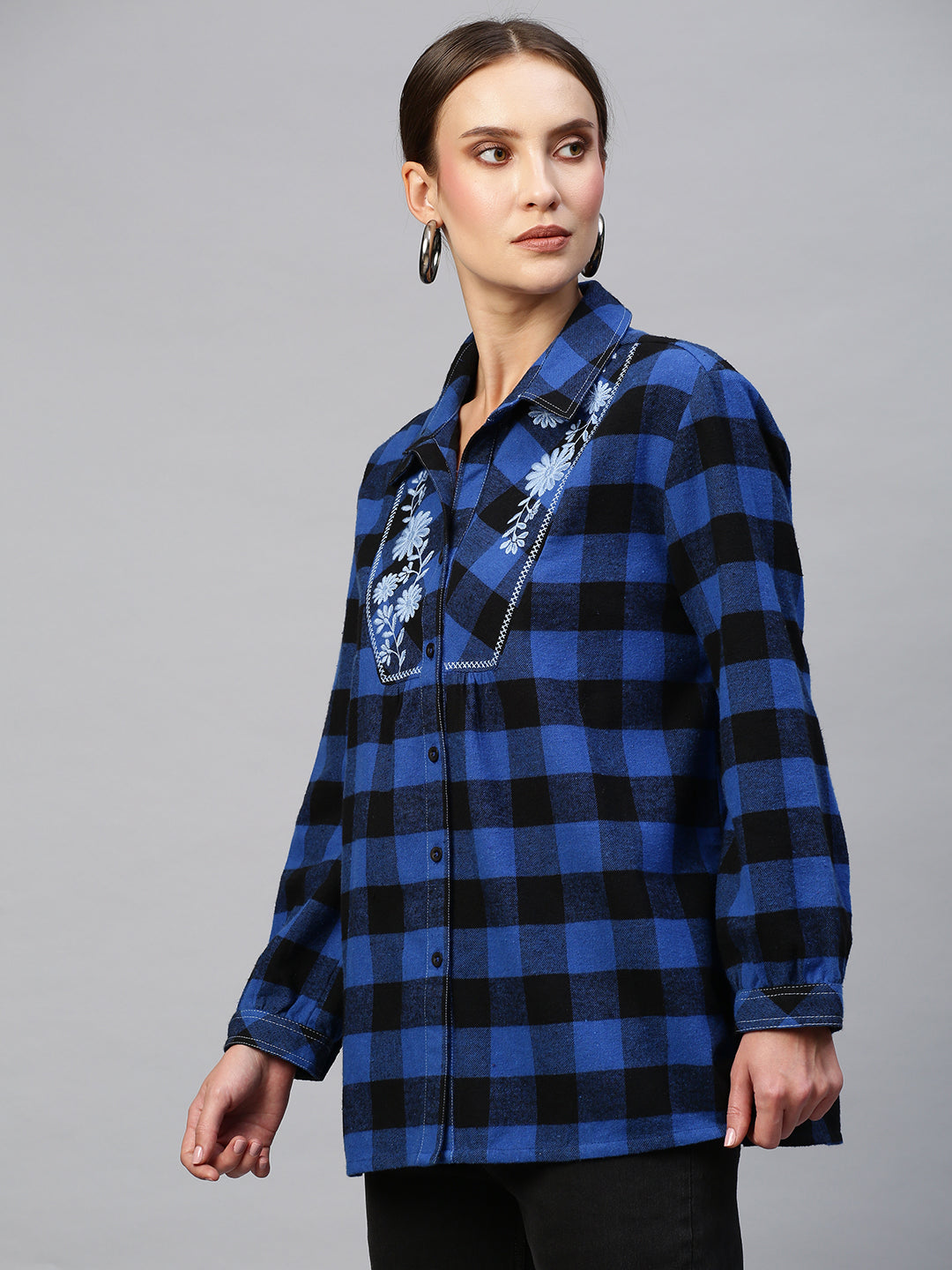 Embroidered Yoke Brushed Flannel Gingham Plaid Shirt