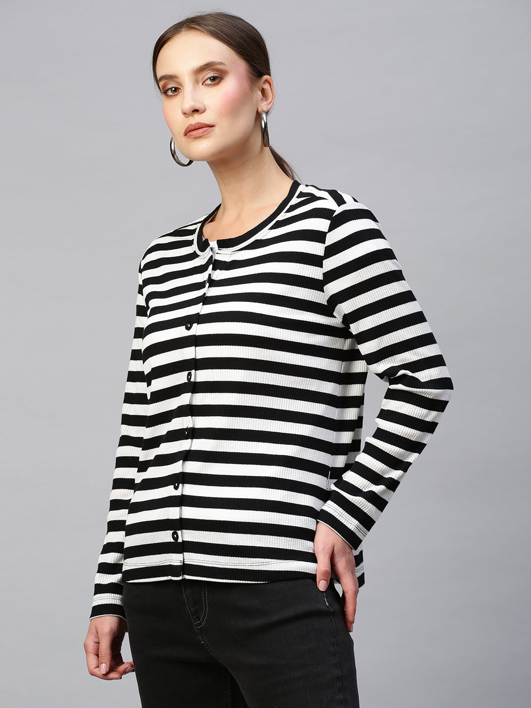 Ribbed Striped Button Down Cardigan