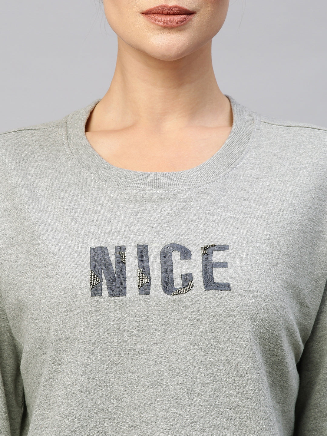 French Terry Sweatshirt With "Nice" Thread & Buggle Bead Embroidery