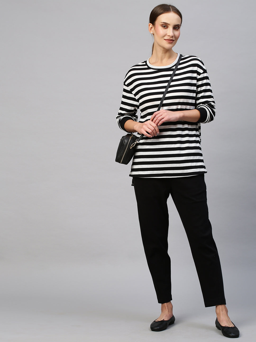 "Airport Look" Ribbed Drop Shoulder Stripe Tee With Tapered Lounge Pants