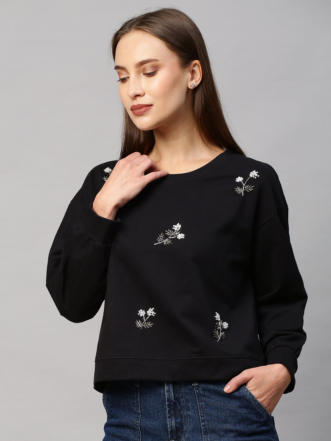 French Terry Sweatshirt With All Over Floral Embroidery