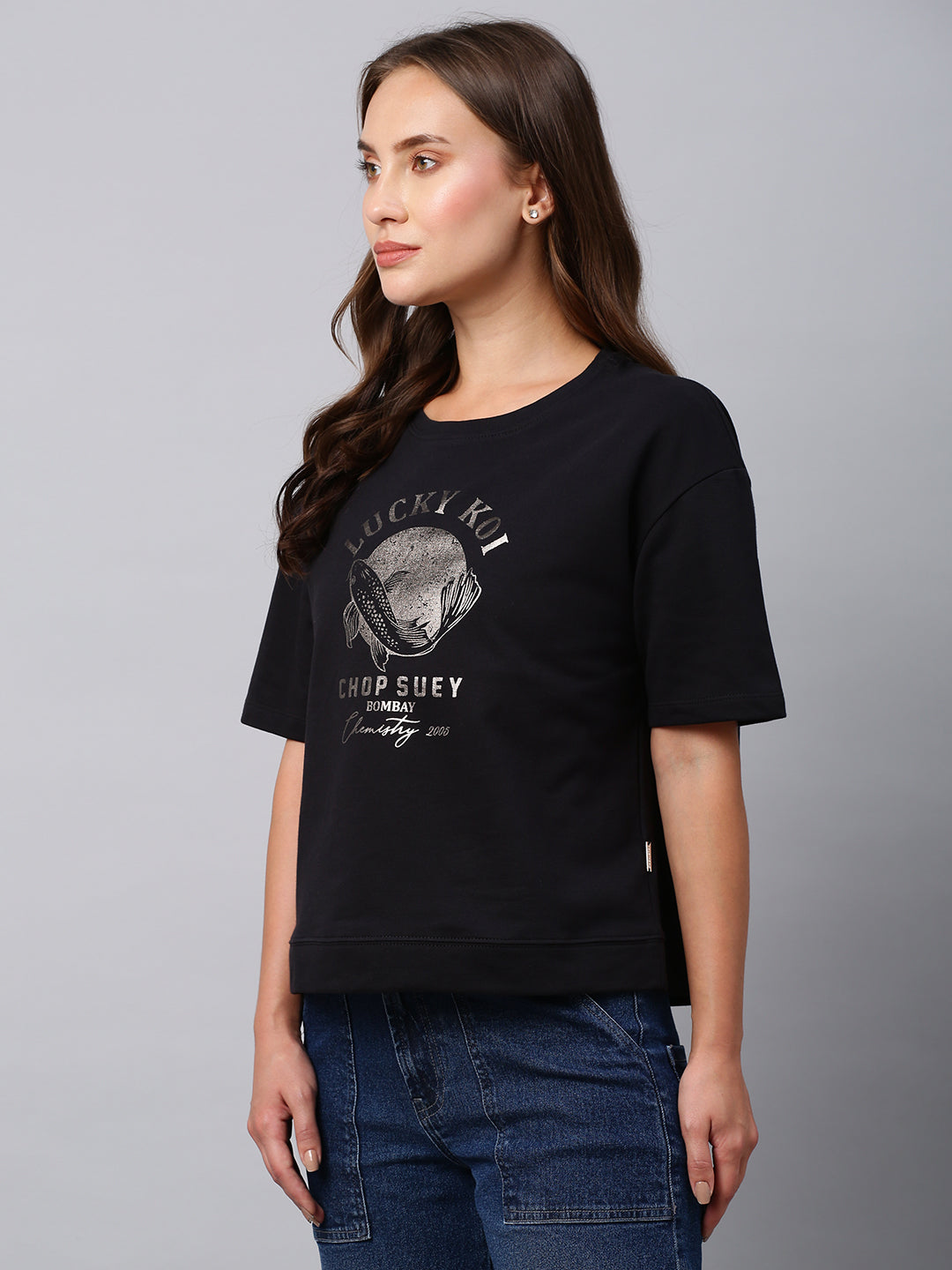 Foil Printed Cotton Terry Drop Shoulder Cropped Box Tee