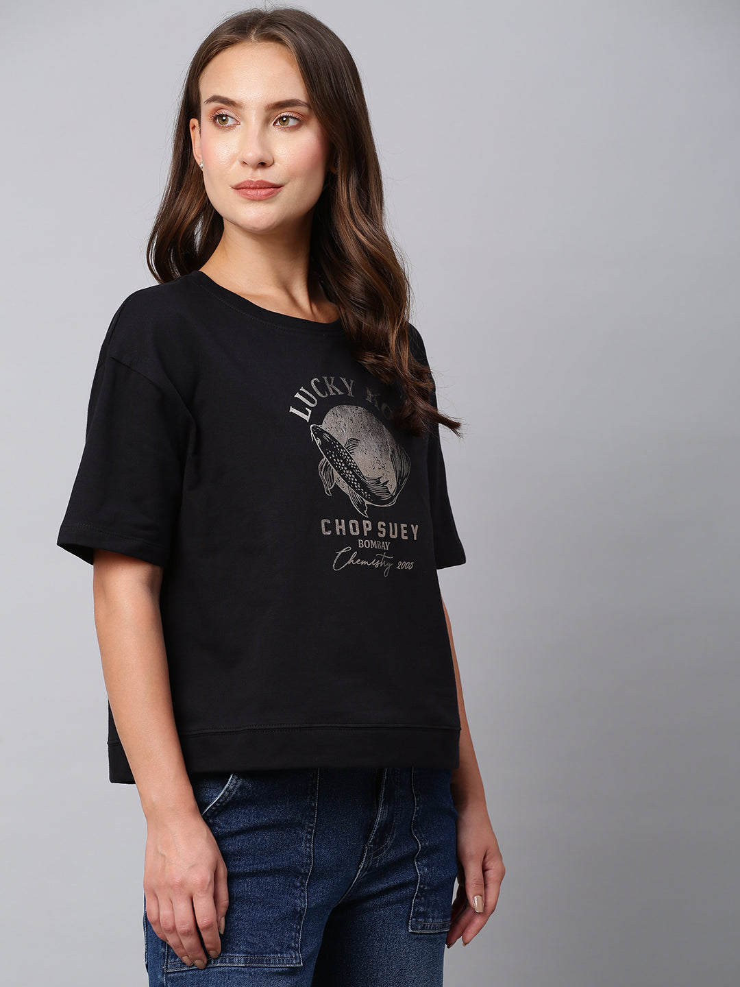 Foil Printed Cotton Terry Drop Shoulder Cropped Box Tee