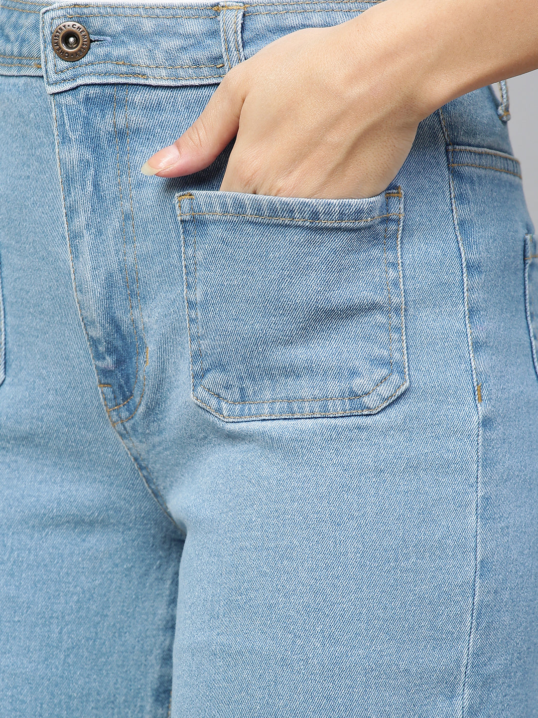 Light Wash Denim Mid Rise Flared Jeans