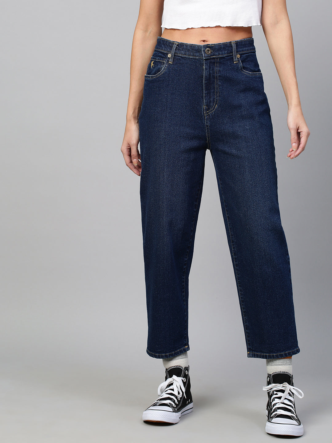 Mid Rise Mom Fit Cropped Dark Wash Jeans