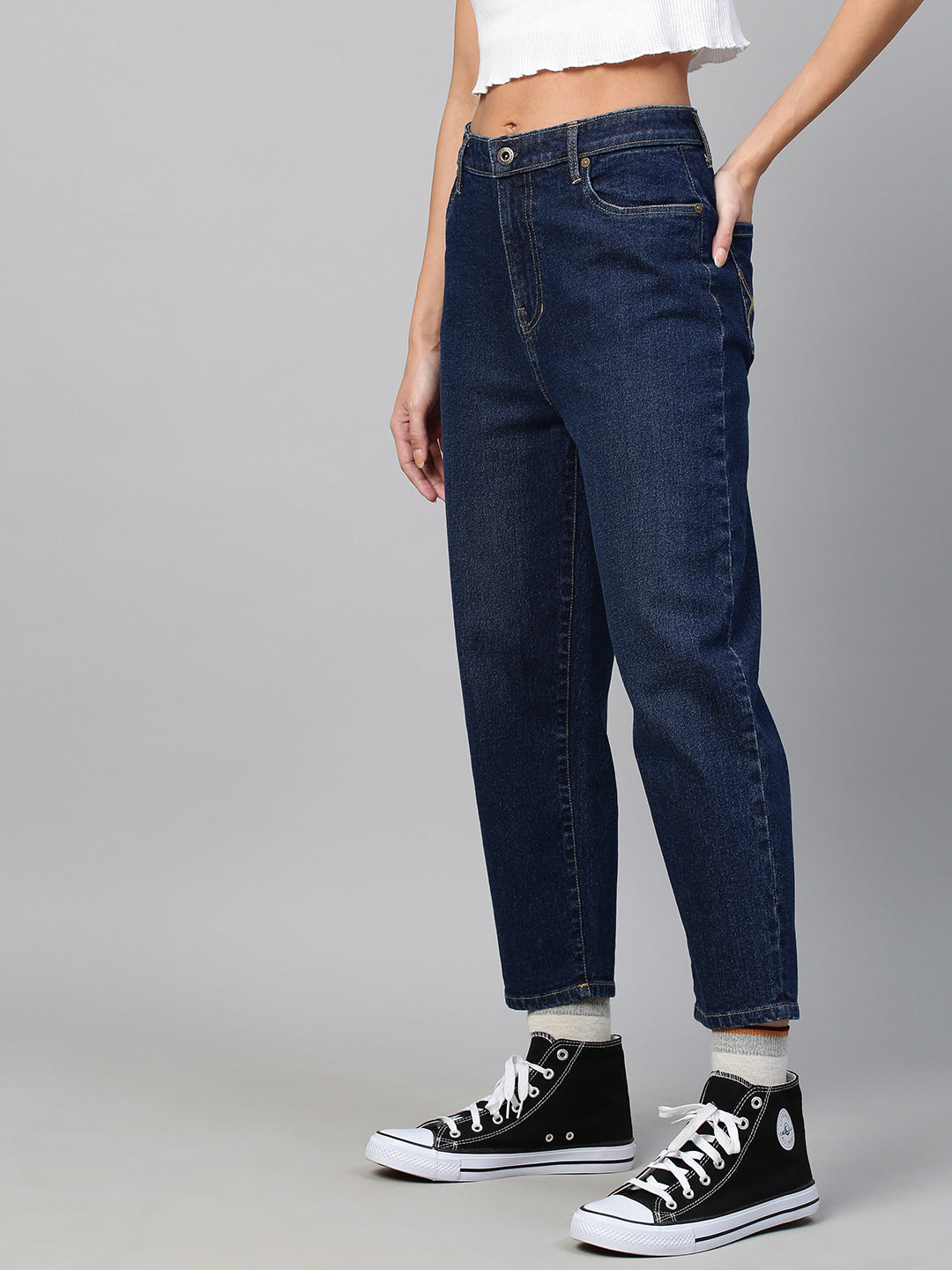 Mid Rise Mom Fit Cropped Dark Wash Jeans