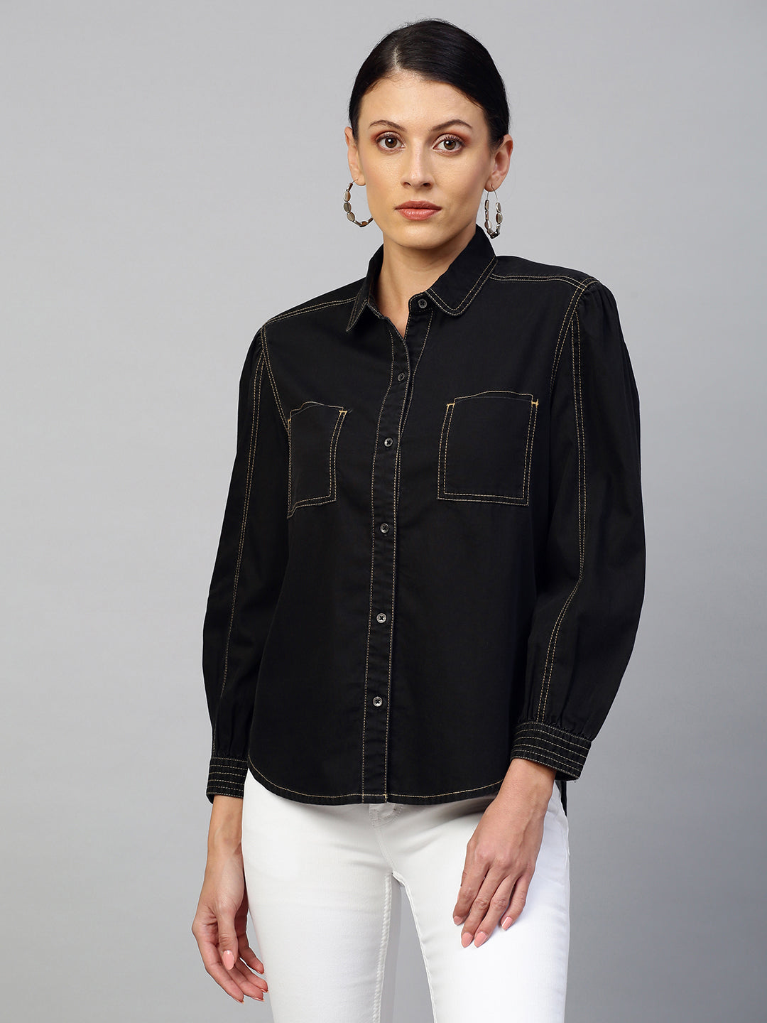 Dark Wash, Two Part Gathered Sleeve Black Denim Shirt With Contrast Topstitching