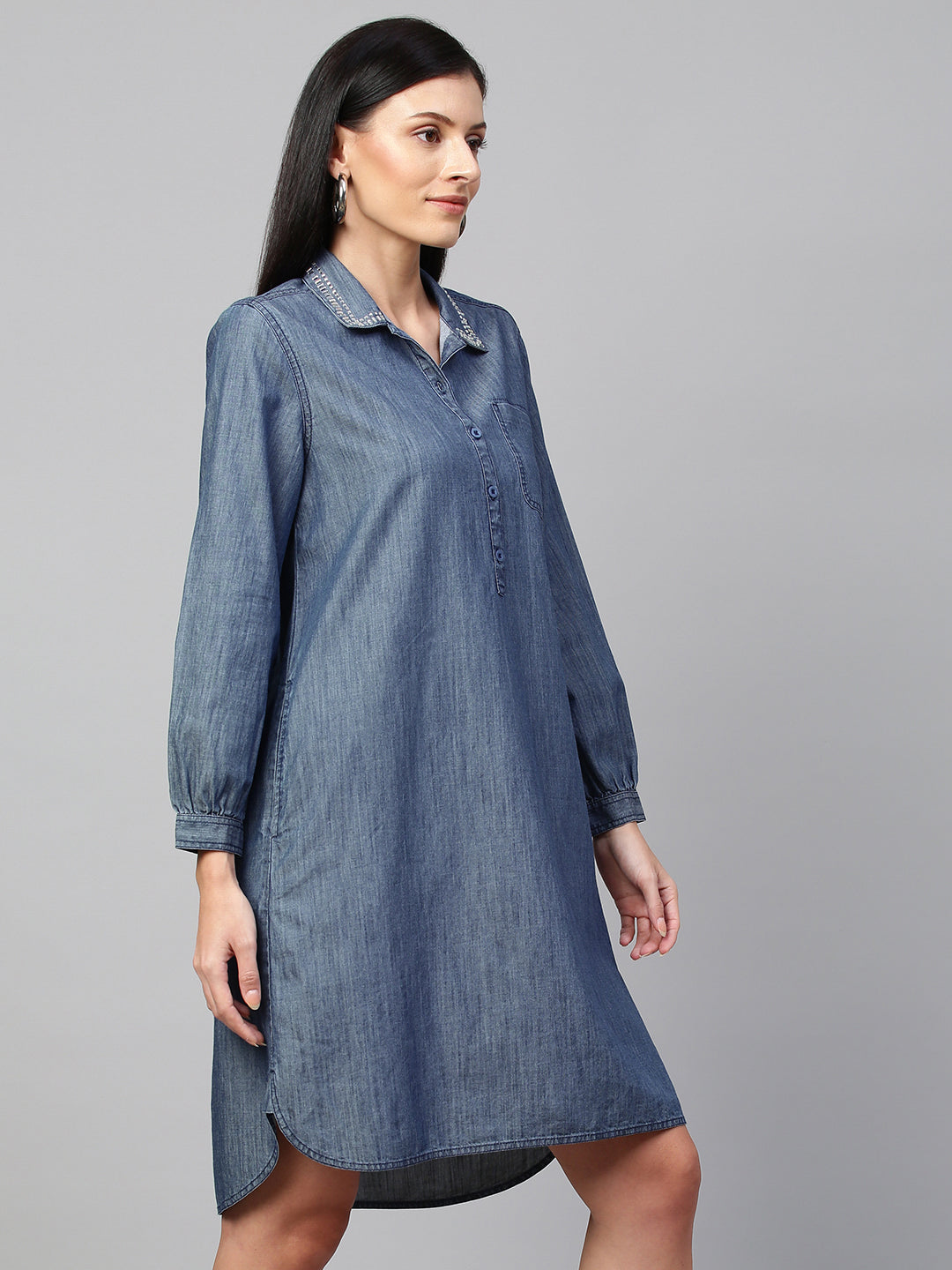 Buy Now Chemistry Denim Embellished Collar Tunic Dress